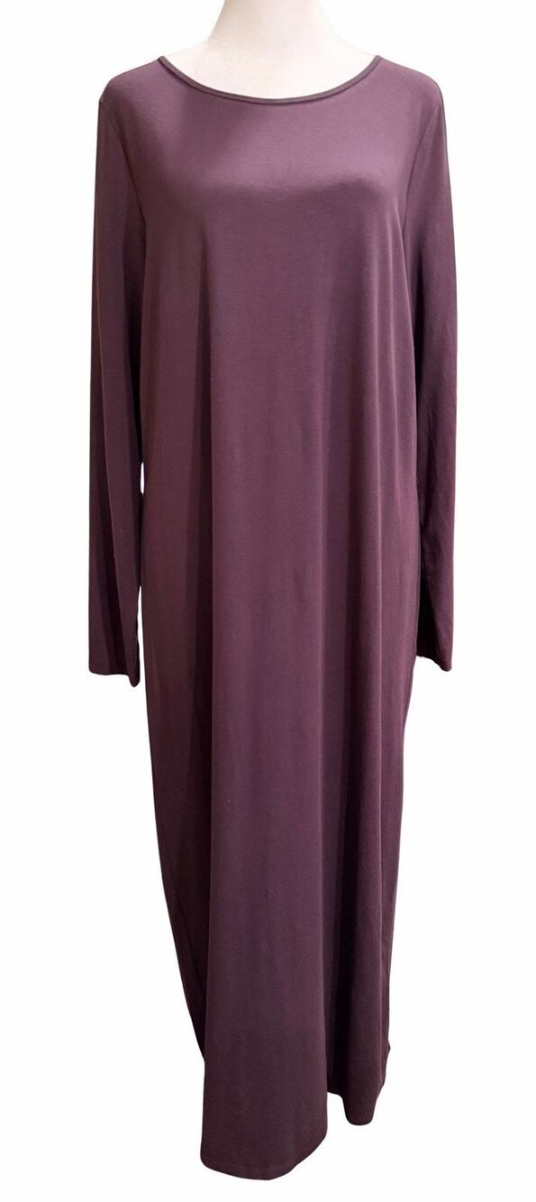 Eileen Fisher Women's Knit Stretch Maxi Dress Long Sleeve M Purple Eggplant